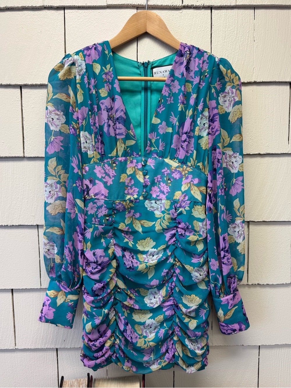 Runaway the Label Euphoric Mini Dress Ruched Skirt Long Sleeve Floral Green S